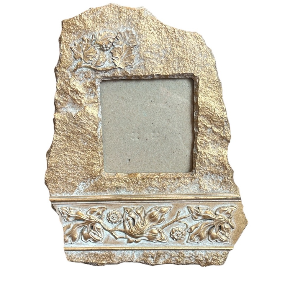 Vintage Picture Frame “Rock” Surface Leaf Floral Gold Decorative Photo 3.25”